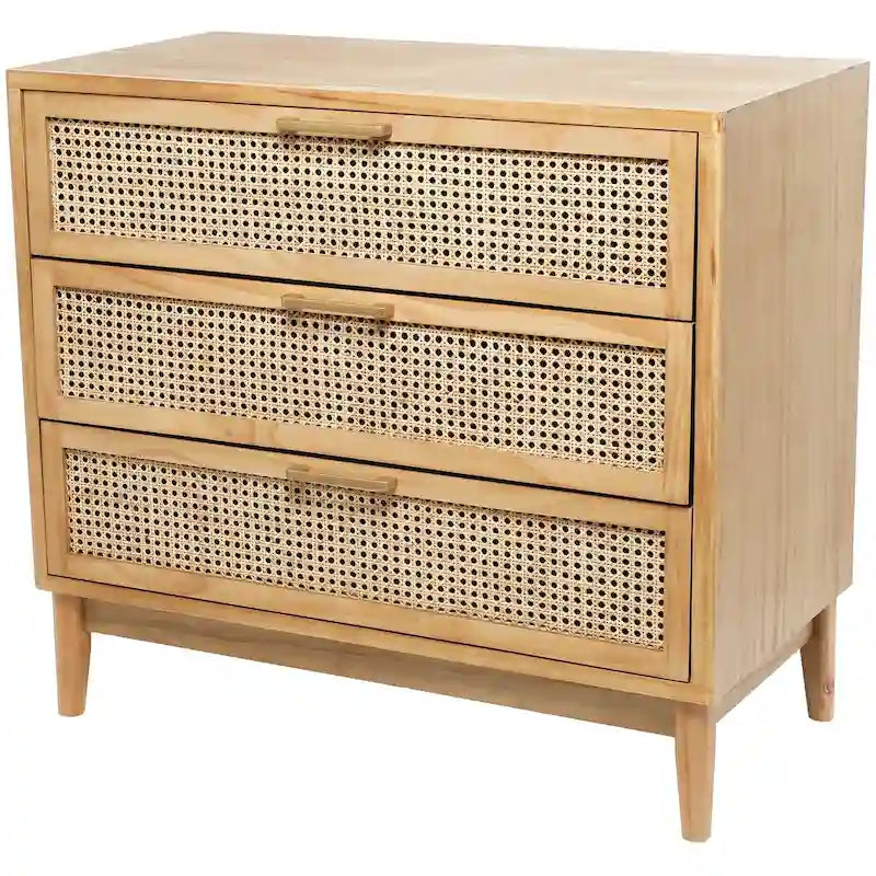Wooden 3-Drawer Storage Cabinet with Woven Rattan Fronts and Gold-Tone Handles