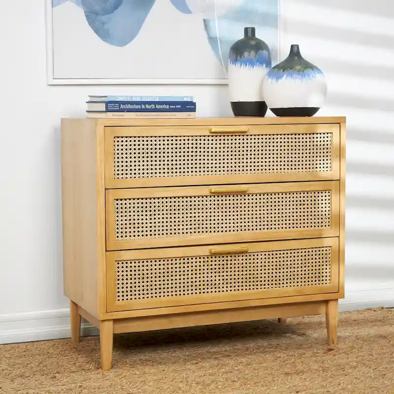 Wooden 3-Drawer Storage Cabinet with Woven Rattan Fronts and Gold-Tone Handles