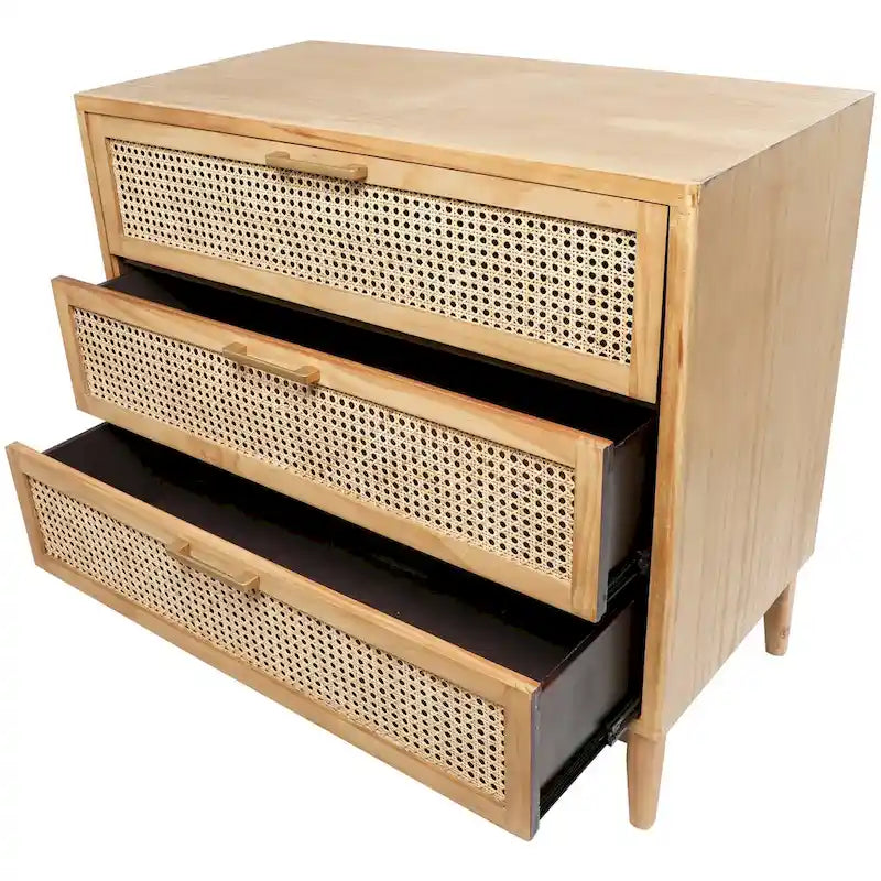 Wooden 3-Drawer Storage Cabinet with Woven Rattan Fronts and Gold-Tone Handles