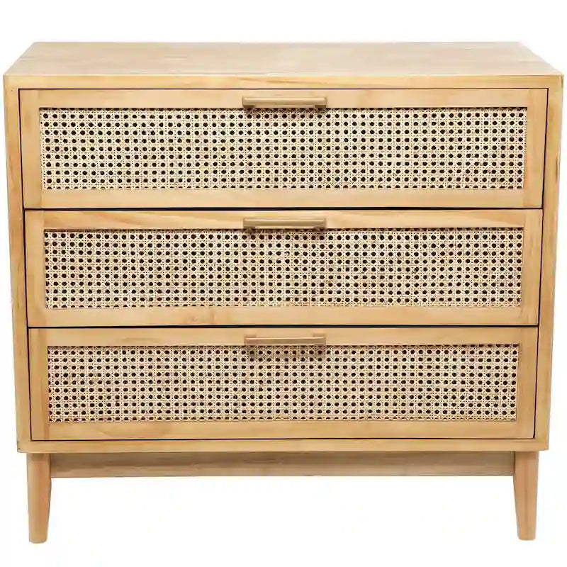 Wooden 3-Drawer Storage Cabinet with Woven Rattan Fronts and Gold-Tone Handles