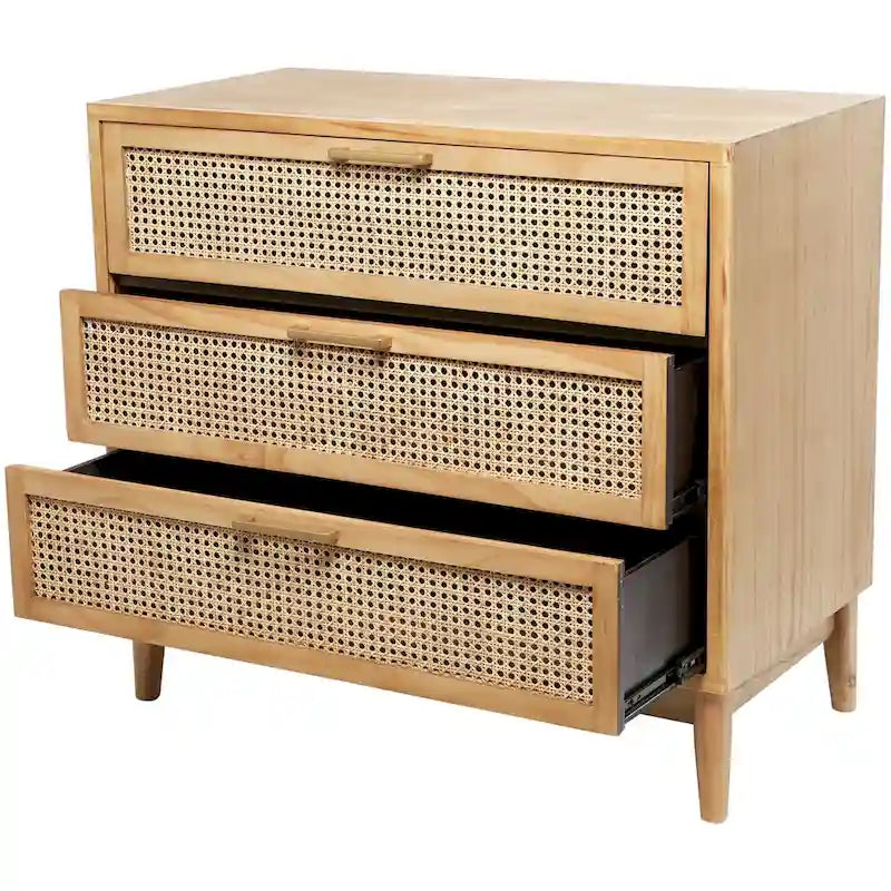 Wooden 3-Drawer Storage Cabinet with Woven Rattan Fronts and Gold-Tone Handles