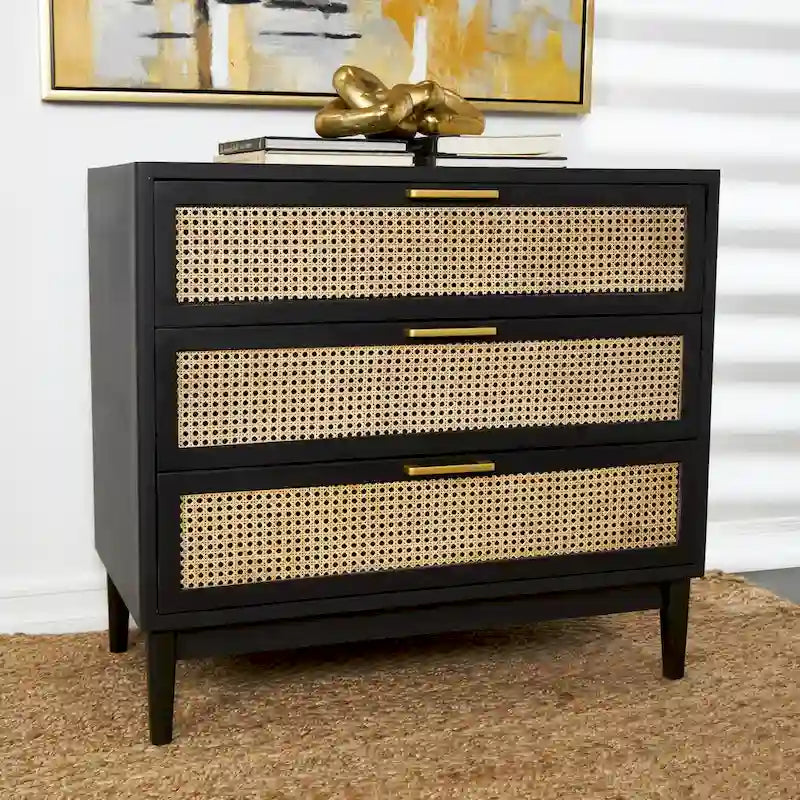 Wooden 3-Drawer Storage Cabinet with Woven Rattan Fronts and Gold-Tone Handles