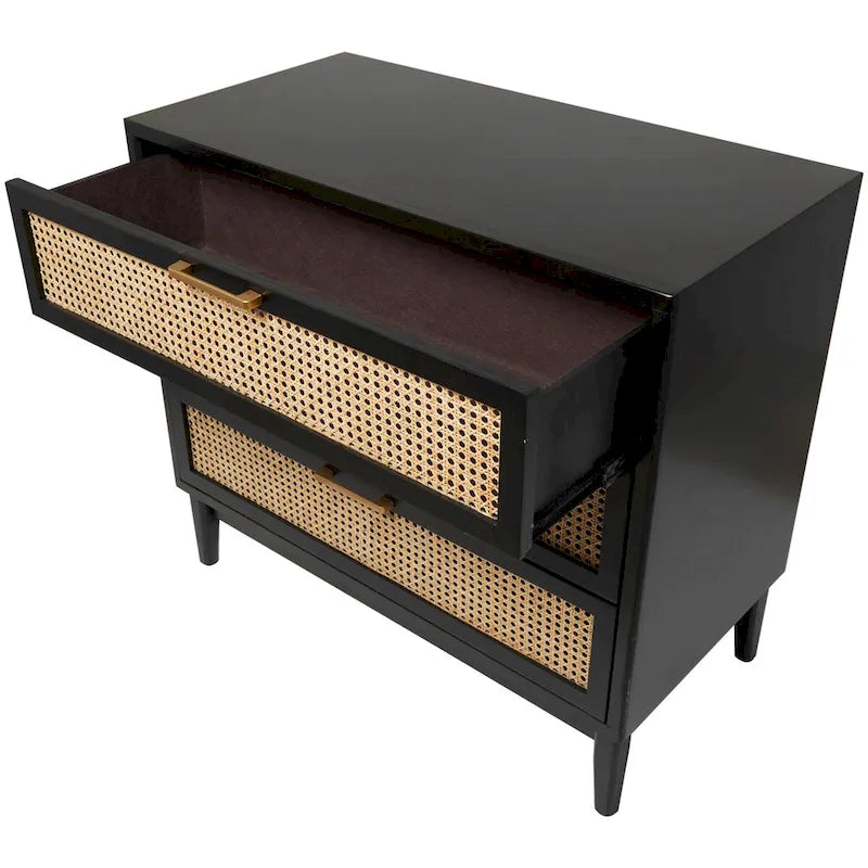 Wooden 3-Drawer Storage Cabinet with Woven Rattan Fronts and Gold-Tone Handles