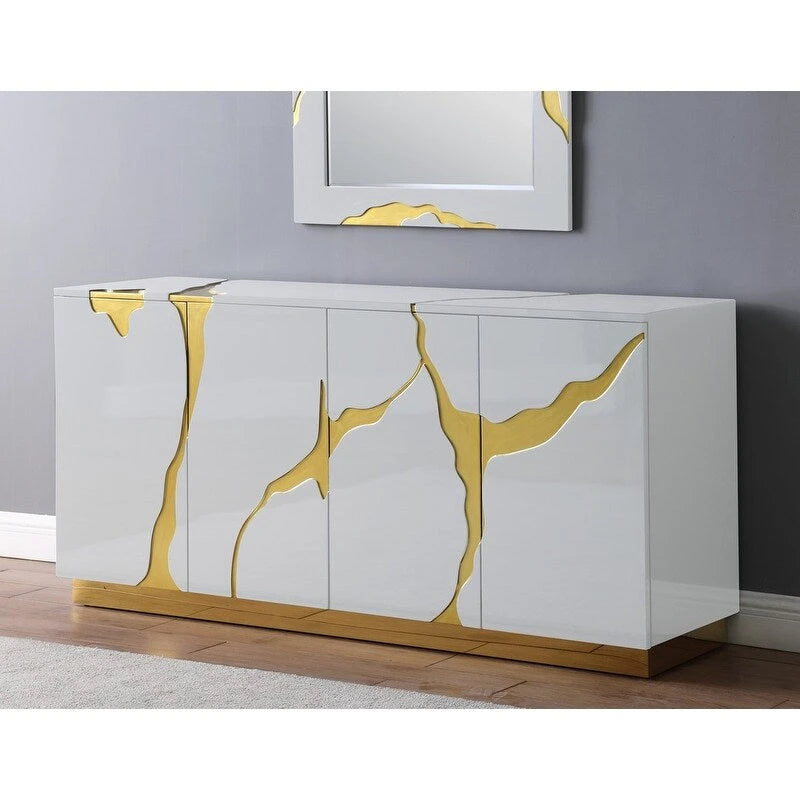 66-Inch High-Gloss 4-Door Sideboard with Adjustable Shelves and Gold-Tone Base