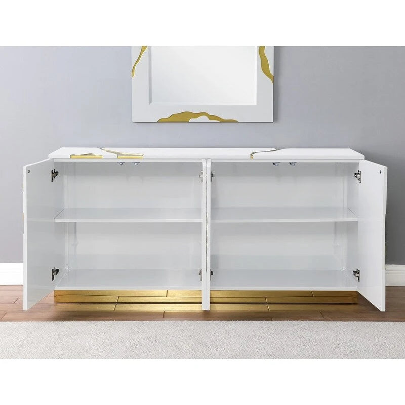 66-Inch High-Gloss 4-Door Sideboard with Adjustable Shelves and Gold-Tone Base