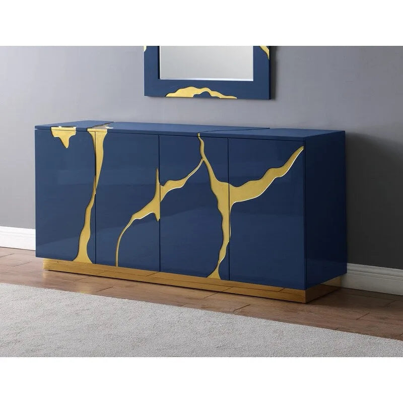 66-Inch High-Gloss 4-Door Sideboard with Adjustable Shelves and Gold-Tone Base