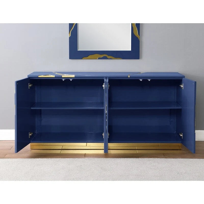 66-Inch High-Gloss 4-Door Sideboard with Adjustable Shelves and Gold-Tone Base