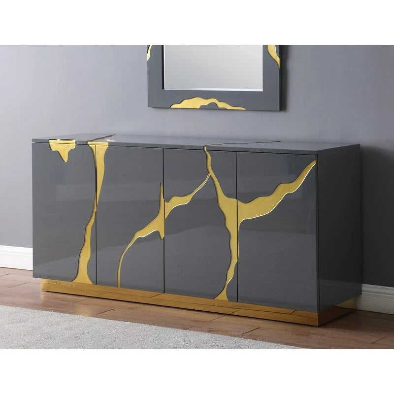 66-Inch High-Gloss 4-Door Sideboard with Adjustable Shelves and Gold-Tone Base