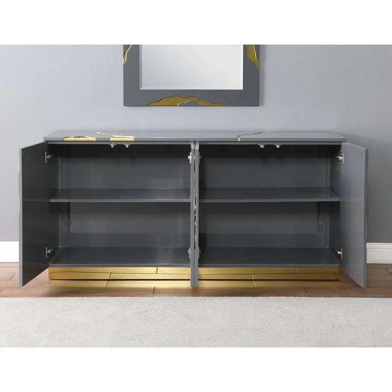 66-Inch High-Gloss 4-Door Sideboard with Adjustable Shelves and Gold-Tone Base
