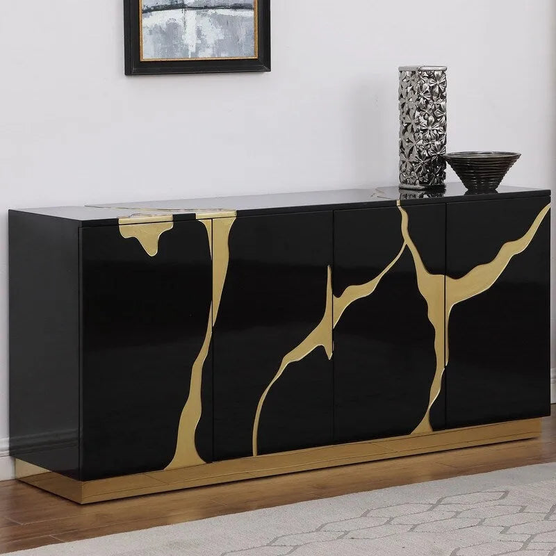 66-Inch High-Gloss 4-Door Sideboard with Adjustable Shelves and Gold-Tone Base