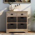 Solid Wood Storage Cabinet with Two Drawers and Four Rattan Basket No Assembly