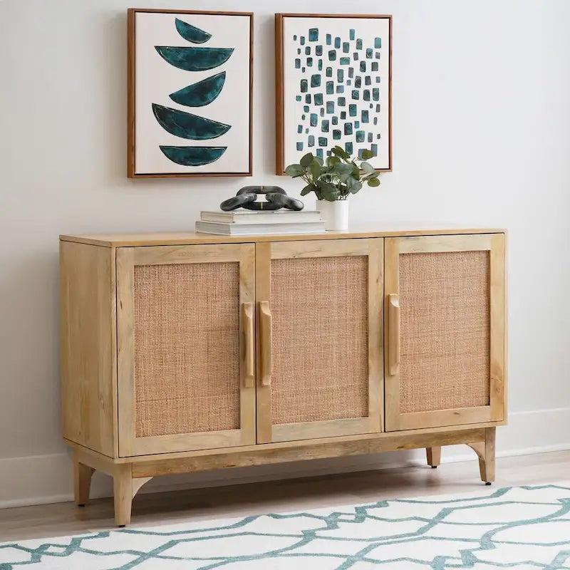 Spence Natural Mango Wood Cane 3-Door Cabinet