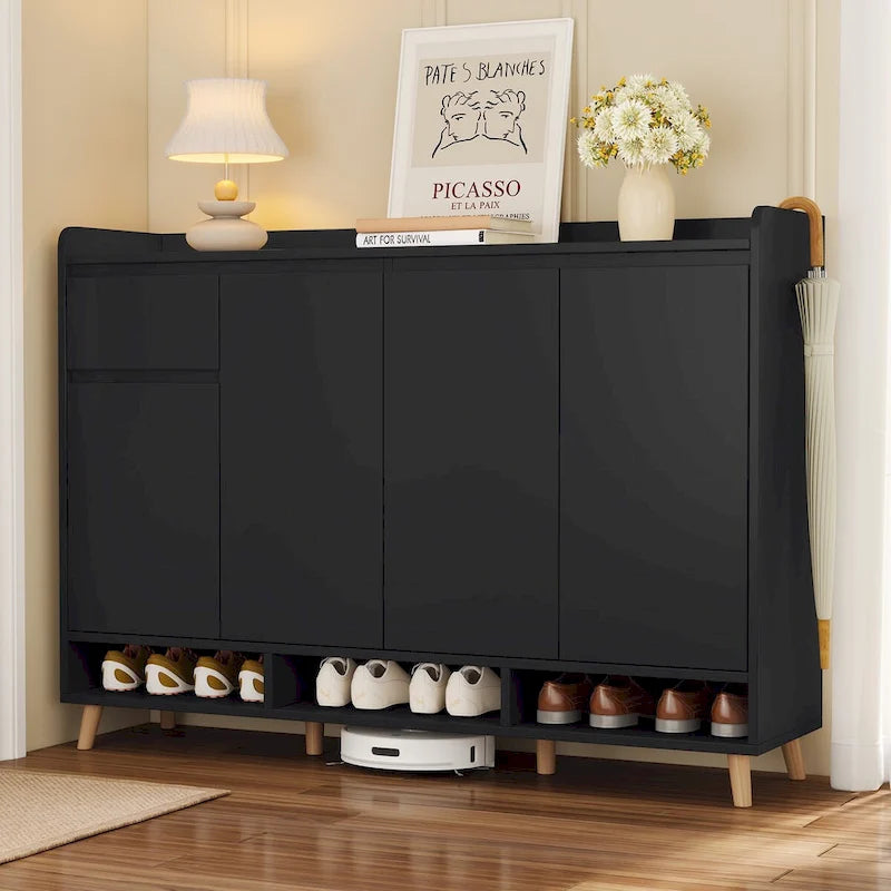 Shoe Cabinet with Adjustable Shelves, Minimalist Home Organizer with Solid Wood Legs,Storage Sideboard
