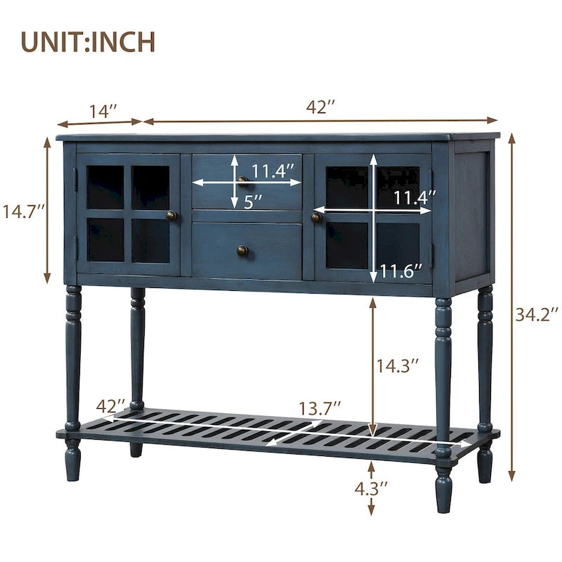 Sideboard Console Table with Bottom Shelf, Farmhouse Wood/Glass Buffet Storage Cabinet Living Room