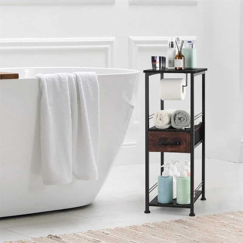 Compact 3-Tier Bathroom Shelf with Fabric Drawer and Toilet Paper Holder