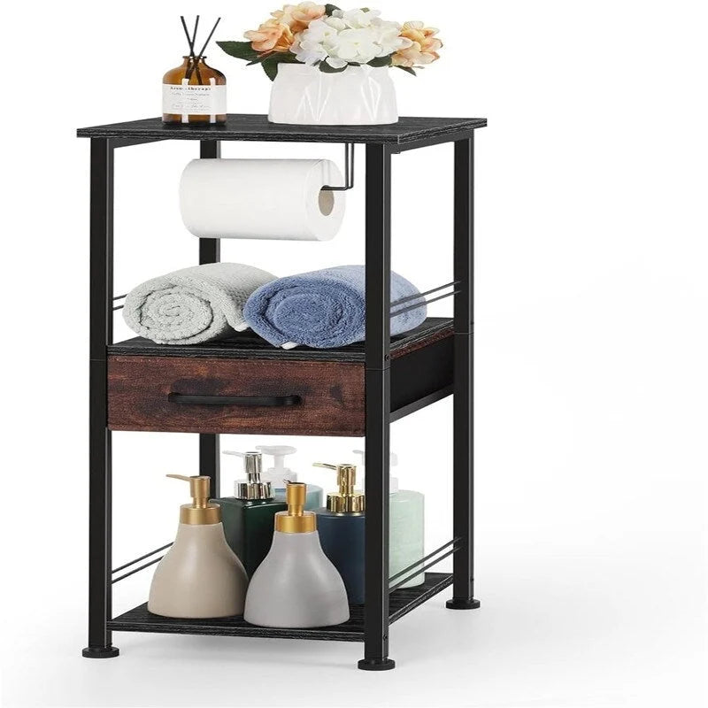 Compact 3-Tier Bathroom Shelf with Fabric Drawer and Toilet Paper Holder