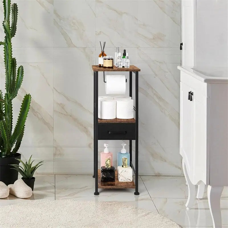 Compact 3-Tier Bathroom Shelf with Fabric Drawer and Toilet Paper Holder