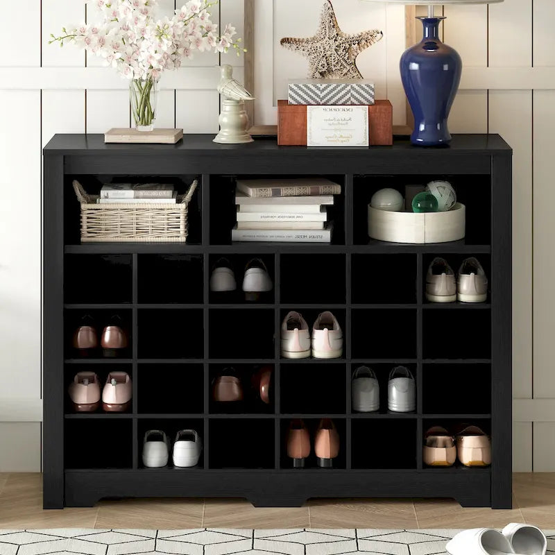 Sleek Design 24 Shoe Cubby Console, Modern Shoe Cabinet with Curved Base, Versatile Sideboard with High-quality for Hallway
