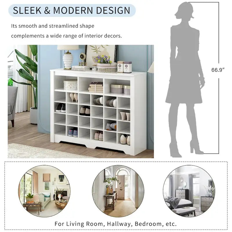 Sleek Design 24 Shoe Cubby Console, Modern Shoe Cabinet with Curved Base, Versatile Sideboard with High-quality for Hallway