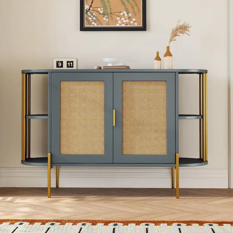2-Door Elegant Curved Dining Cabinet with Gold Trim and Woven Rattan Doors for Dining Room